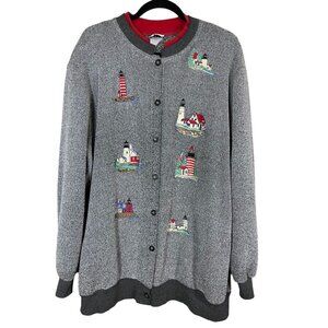 Vintage Bon Worth Cardigan 2X Gray Lighthouse Embroidery Coastal Nautical Artsy